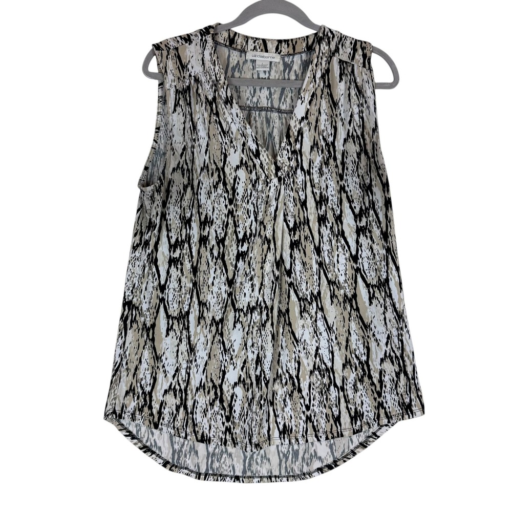 Liz Claiborne Blouse Womens Large Beige Animal Print V Neck Sleeveless Tunic